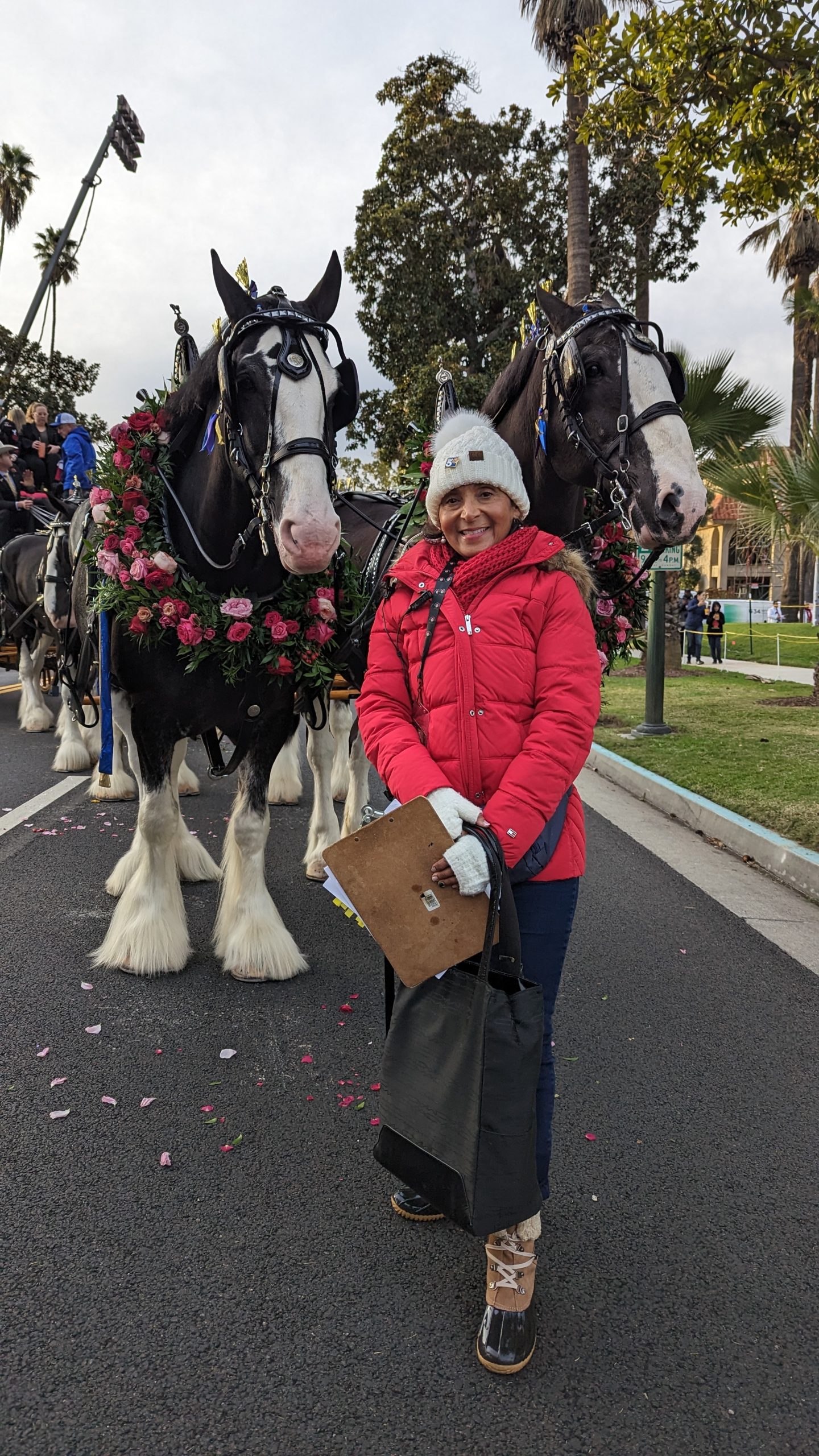 Patricia Nazario wearing a red jacket and knit hat, and holding her clipboard, stands beside a large draft horse decorated with flowers along the 2023 Rose Parade route in Pasadena.