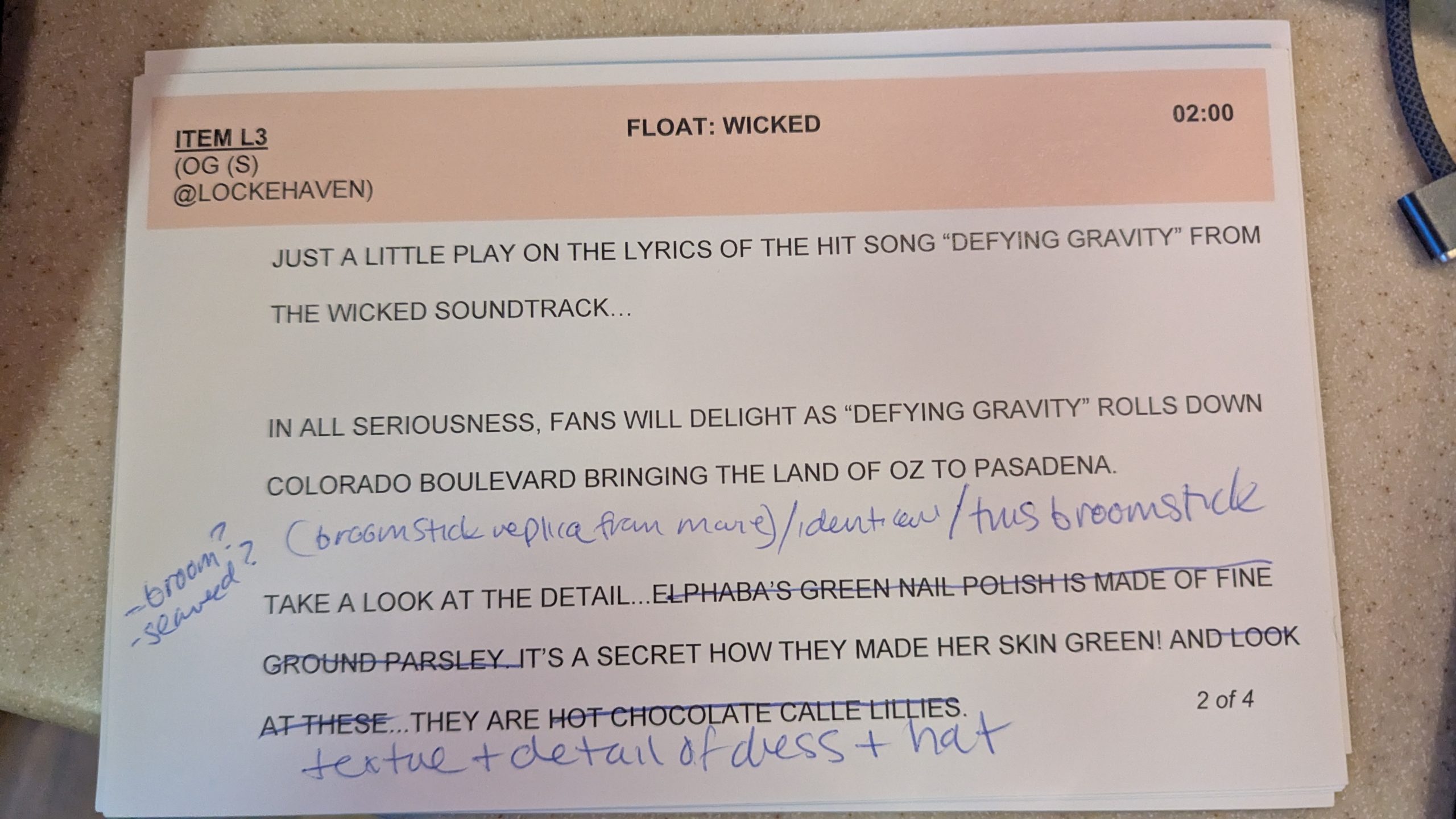 Close-up of an annotated KTLA Rose Parade cue card for the Wicked float, showing printed broadcast copy, handwritten production notes and crossed-out text.