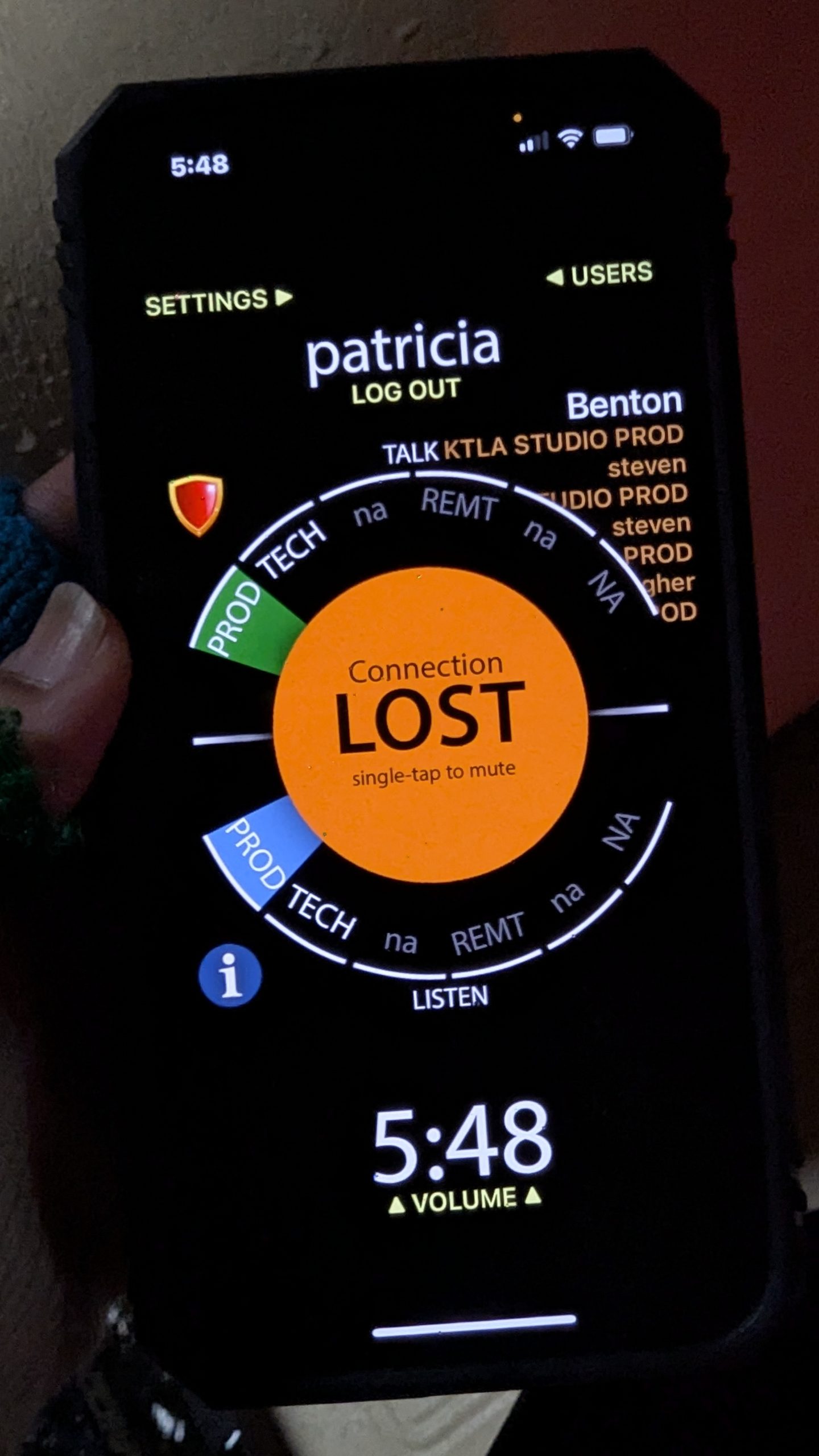 Close-up of a Unity intercom production crews use. Mine displays a “Connection LOST” message during live coverage of a rainy Rose Parade.